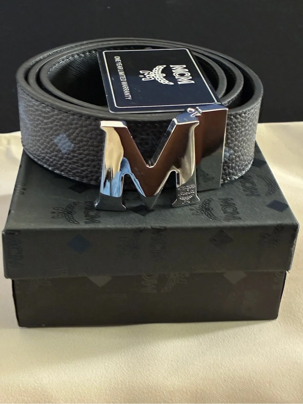 MCM Men's Gray Textured Leather Belt with Silver 'M' Buckle